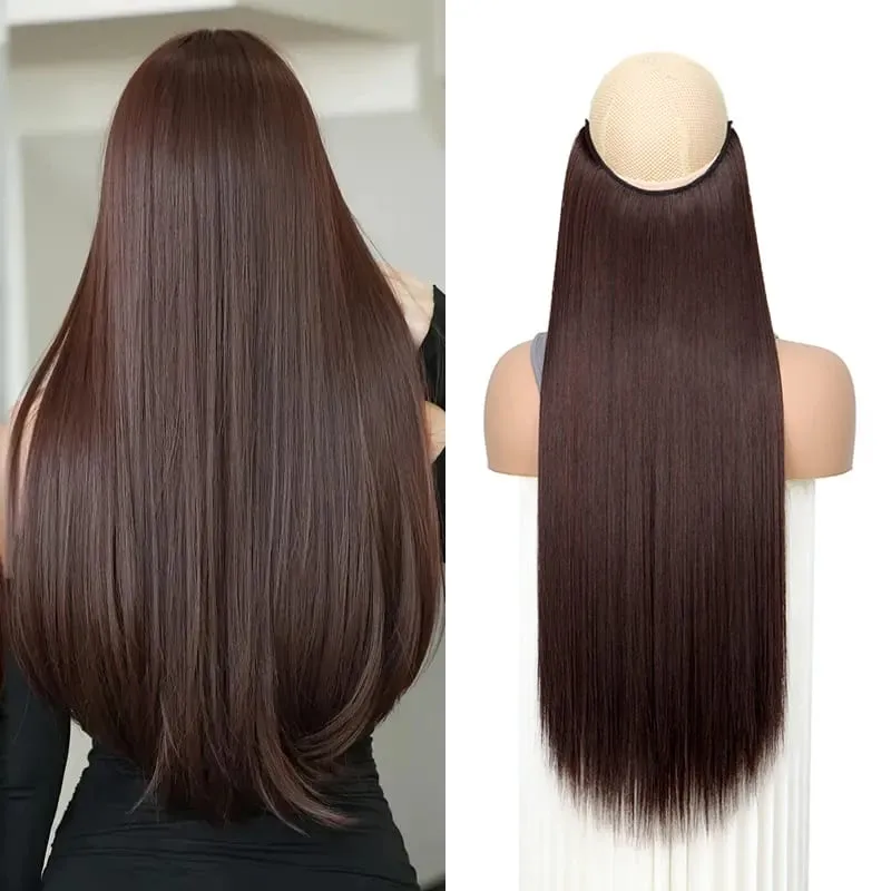 24Inch Synthetic No Clips In Hair Extension Fish Line Invisible Black Blonde One Piece Long Straight Fake Hair Piece for Women