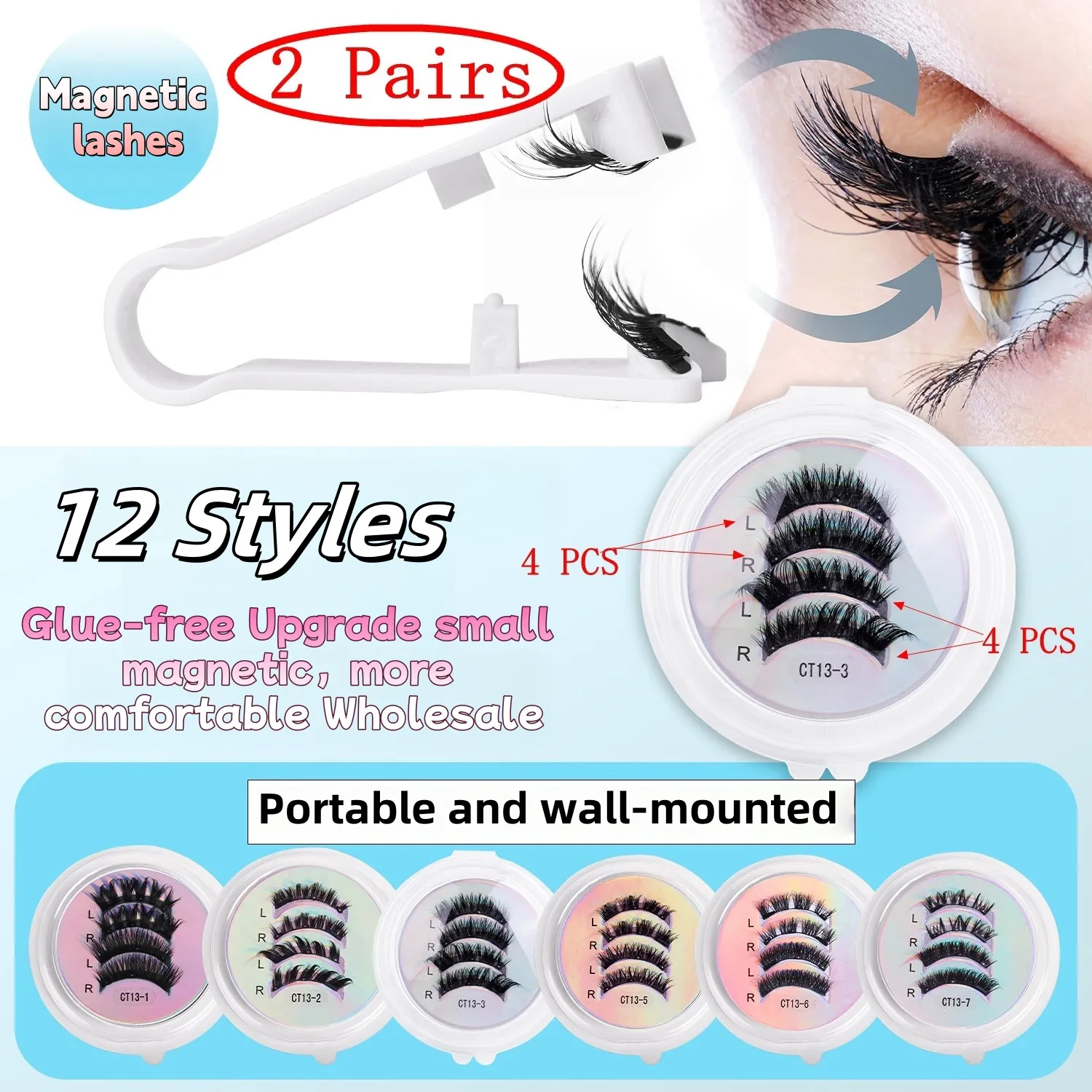 2Pairs Magnetic Eyelashes Thick Cat False Eye Lashes Makeup Set Reusable Glue-free Flully and Curly Customized And Wholesale — image 1