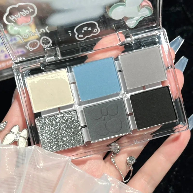 Punk Smokey Matte Glitter Eyeshadow Palette 6 Colors Shimmer Eye Shadow Makeup Palette Cool Toned Gray Blue Eye Pigment Palette — image 6
