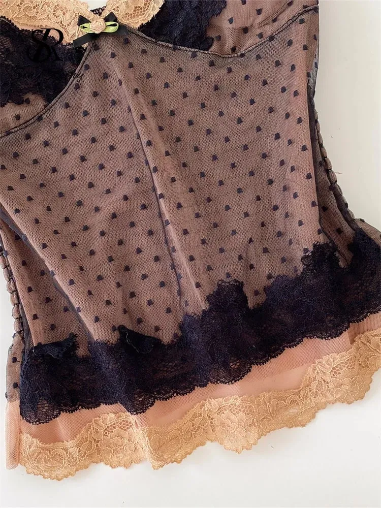 Haut en dentelle en maille à pois, col en V français froncé, extensible, Slim, dos nu, débardeur d'été Y2K, Camisole paresseuse sensuelle — image 6
