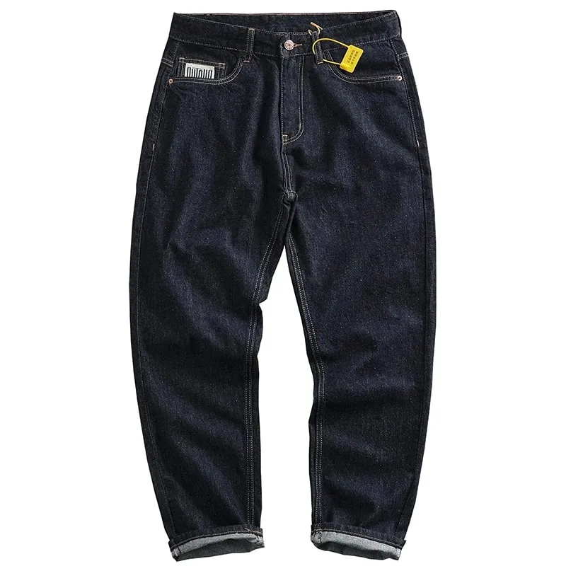 Anti-fading solid color general wash primary color denim jeans men's dark American casual loose straight cone pants — image 6