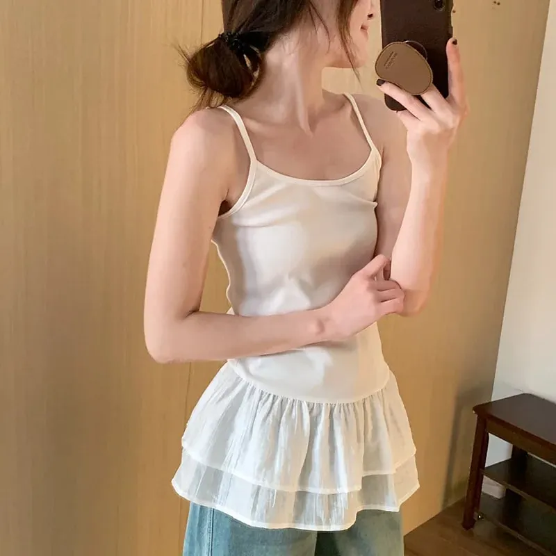 White Camisole Top for Women with Ruffle Double-layer Skirt Women Sleeveless Tank Top Splicing Slimming Strapless Base Vest Tee — image 7
