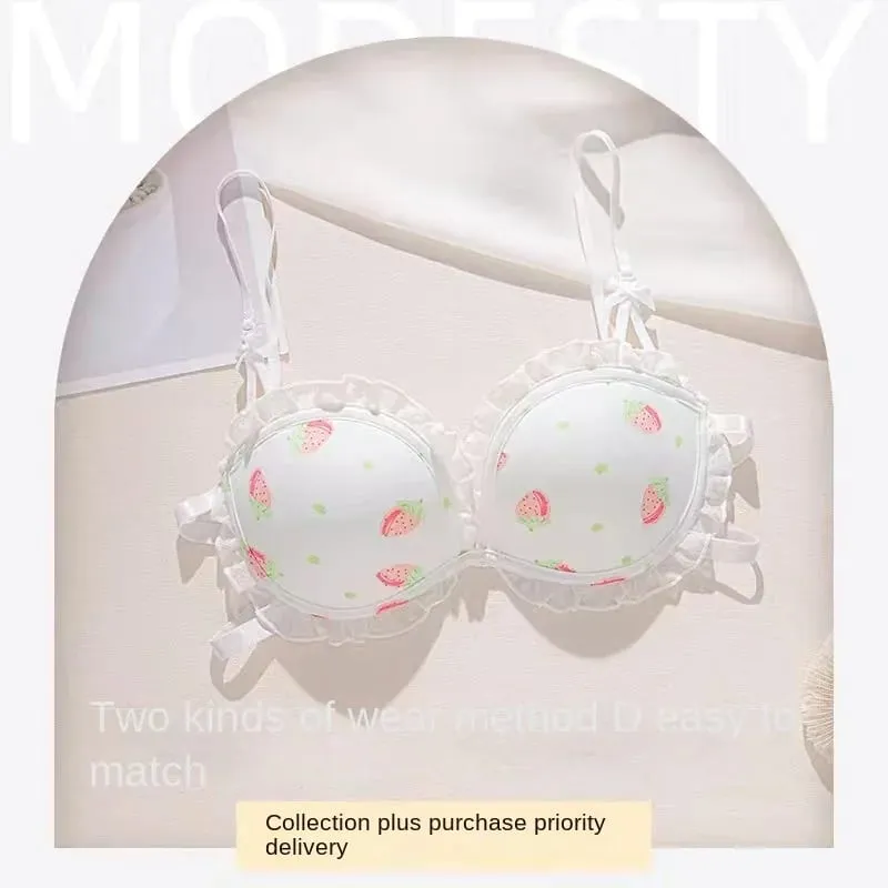 Strawberry 100% Lolita Collection Small Breasts Thin Cartoon Print Underwear Without Wire Back Pure Desire Bra Cover