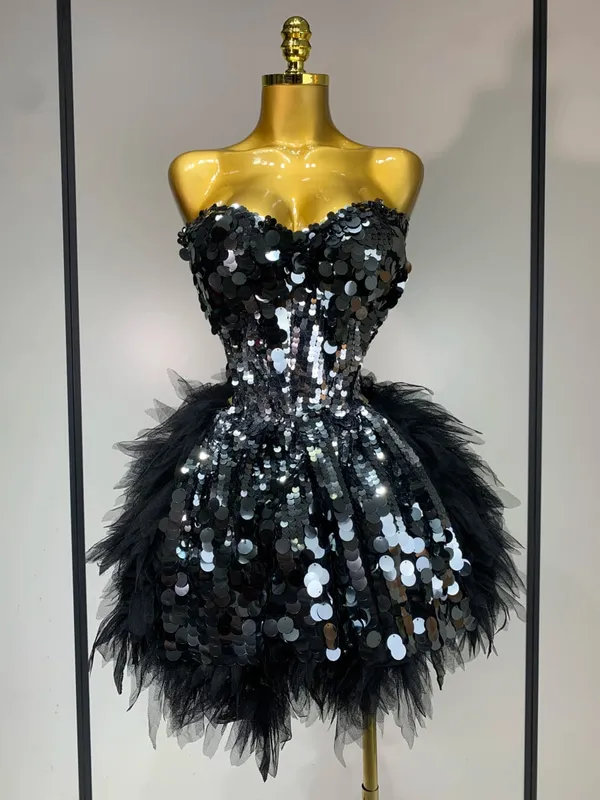 Sparkly Black Sequins Two Pieces Set for Women Party Evening Prom Celebrate Birthday Photo Shoot Dress Nightclub Dance Costume