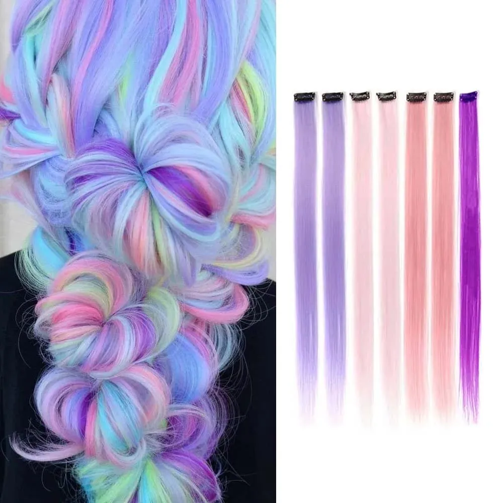 7 PCS Rainbow Colors Colored Hair Extensions Candy Color Hairpieces For Women Highlight Colorful Straight ClipIn Hair extension