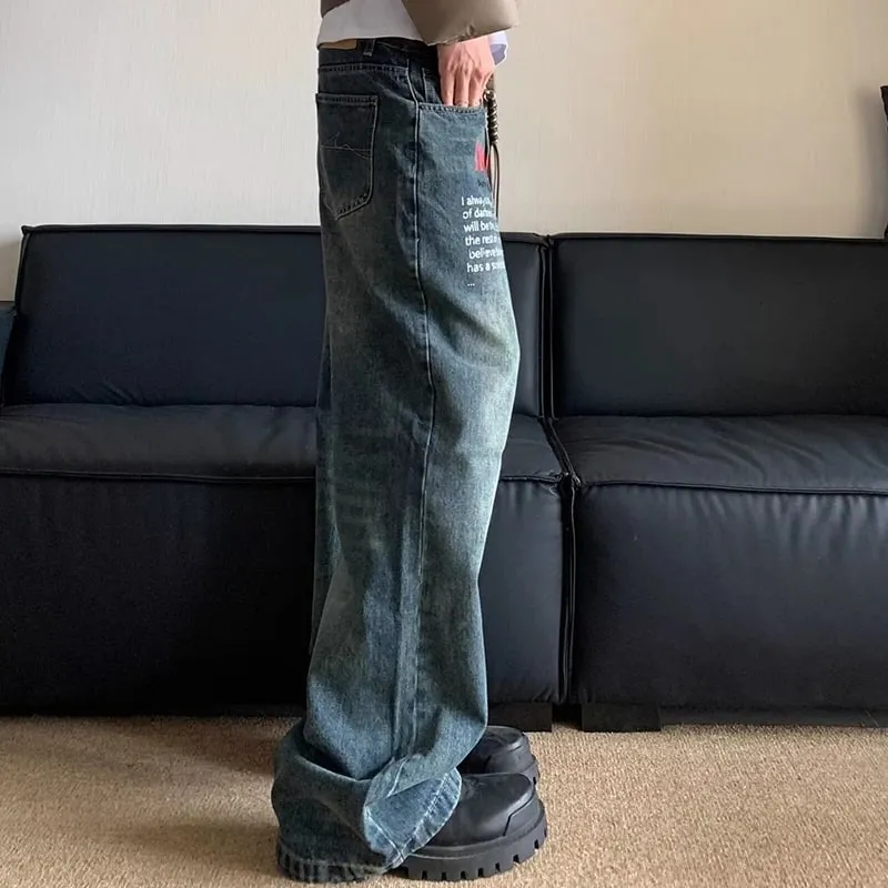Korean Version Retro Letter Printed Jeans For Men Loose Straight Leg Wide Leg Pants High Street Hip-Hop Design Casual Pants — image 3
