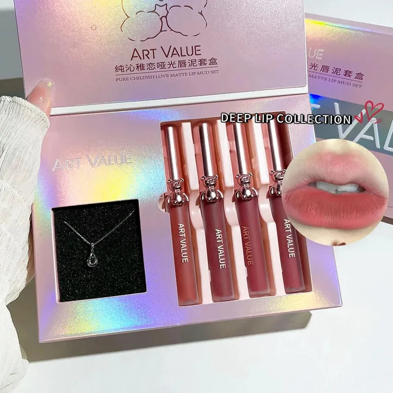 ART VALUE 4Pcs Lipgloss Liquid Lipstick Lasting Moisturizing Makeup Mirror Lip Glaze Set With Necklace Lip Tint Beauty Makeup