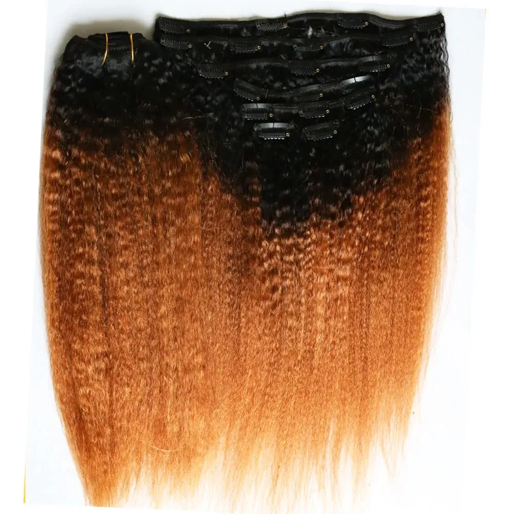 Ombre Two Tone 1B 30 Kinky Straight Human Hair Clip In Extensions Coarse Yaki Virgin Remy Indian Hair Clips In Hair — image 2