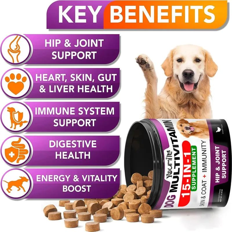 Kıdemli ve Yavru Köpek Multivitamin Takviyesi Çoklu Vitaminler Tavuk Aromalı Evcil Hayvan Eklem Bağışıklığı Hareketlilik Enerji Bağırsak Cilt için Çiğneme