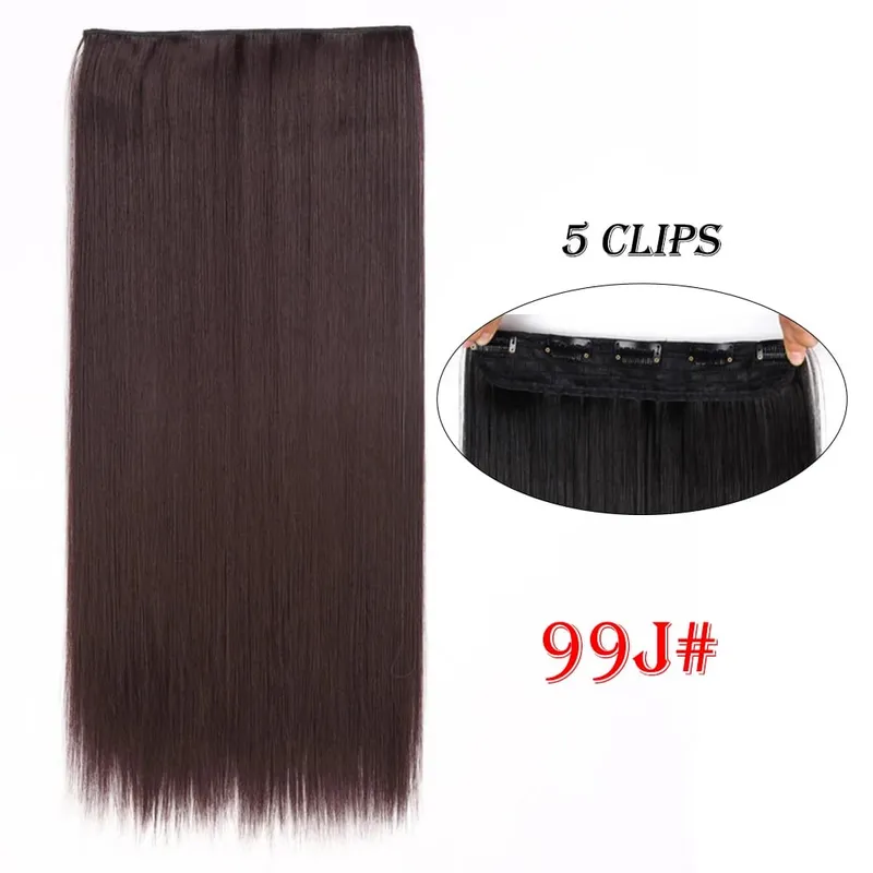 One Piece Clip In Hair Extensions 24" Straight Thick Synthetic Clip In Hairpieces Highlights Black Brown Soft For Women Daily