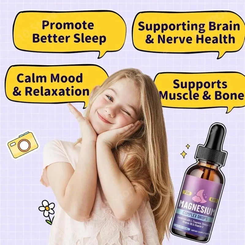Gouttes liquides de glycinate de magnésium pour enfants avec L-théanine oméga-3 vitamine B6 D3 pour la relaxation du sommeil 2 Fl Oz saveur de fraise — image 6