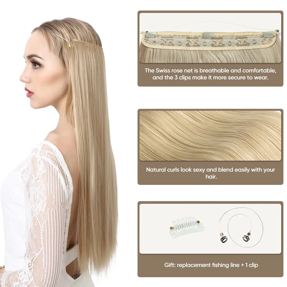 Premium Heat Resistant Synthetic Invisible Wire Hair Extensions With Clips Hairpieces Long Natural Straight Fake Hair For Woman — image 3