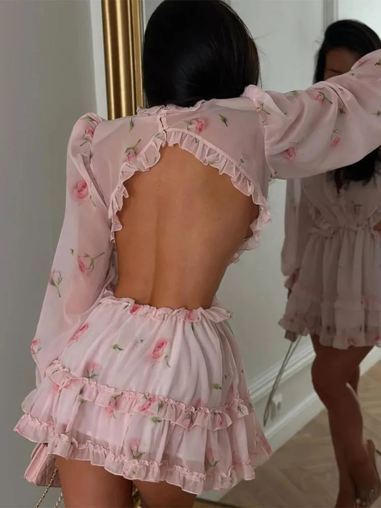 Gaun Mini Punggung Terbuka Motif Bunga Gaun A-line Ruffle Lengan Panjang Leher O Elegan Wanita Gaun Liburan Wanita Chic Musim Panas — image 5