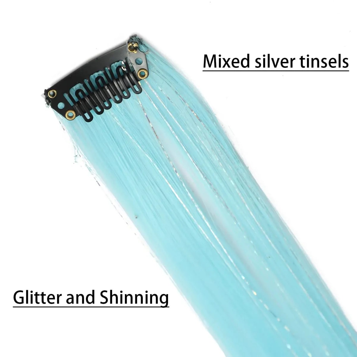 Sky Blue Hair Clip in Colored Extension Mixed Silver Tinsels Synthetic Rainbow Hairpiece Holiday Party Highlights for Women Girl — image 3