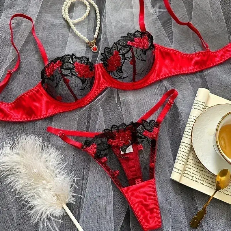 2-piece women's black comfortable lightweight semi transparent lingerie set Fancy Lingerie Floral Lace Bra Set Luxury Underwear — image 9