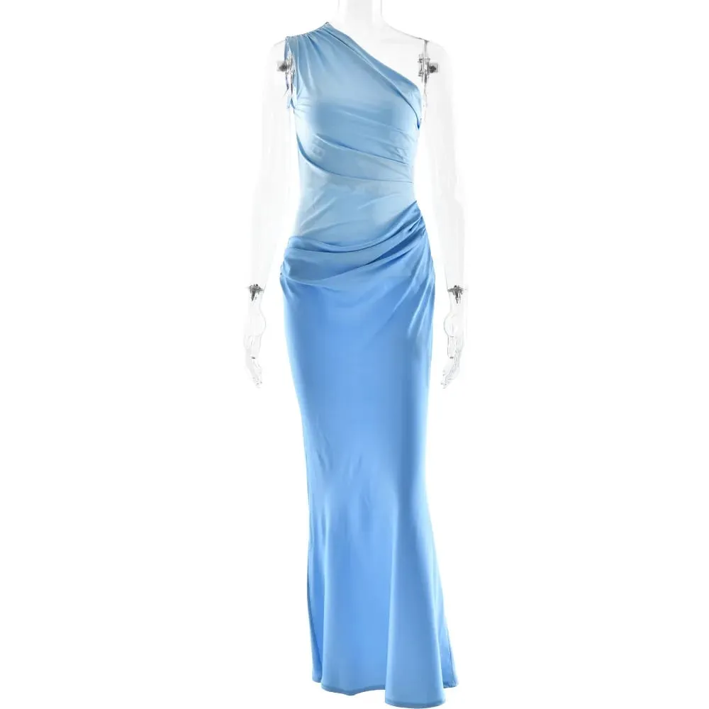 Patchwork Satin Sexy Dress Women One Shoulder Brown Sleeveless Evening Maxi Dress 2025 New Summer Elegant Party Clubwear Dresses — image 7