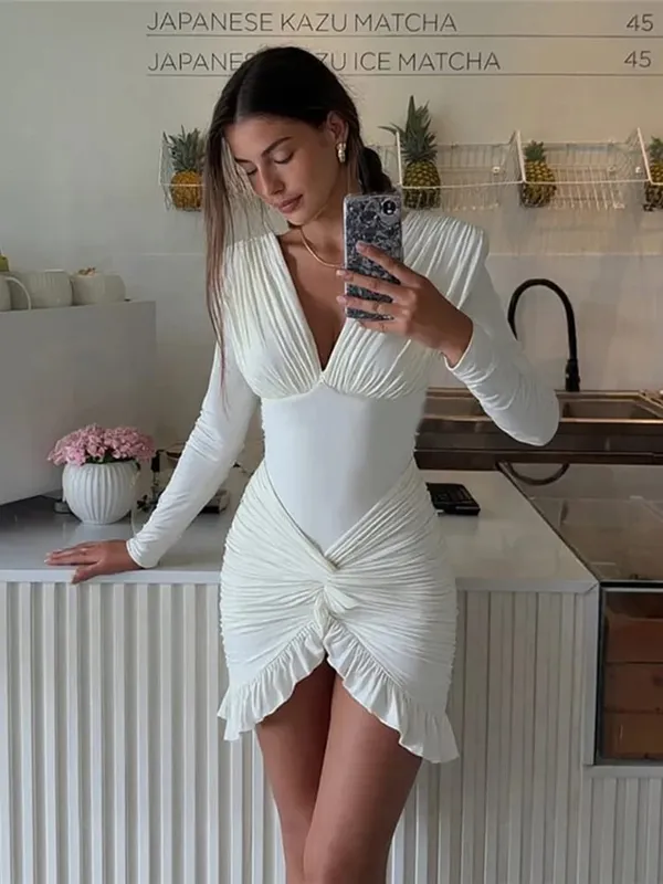 kliou Cross Ruffle Trim Women Mini Dress Simple Solid V-neck Ruched Full Sleeve Body-shaping Frock Female Classic Street Vestido