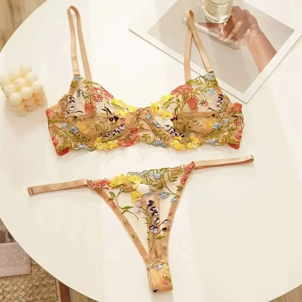 Sheer Intimates Transparent Lingerie Set Push Up Elegant Panties Bra Set Ultra-thin Embroidery Floral Underwear Women — image 3