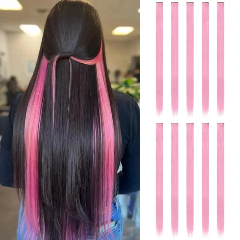 10 Pcs Synthetic Pink Hair Extensions 22 Inch Straight Colored Hair Colorful Clip Highlight Party for Kids and Women Gift — image 2