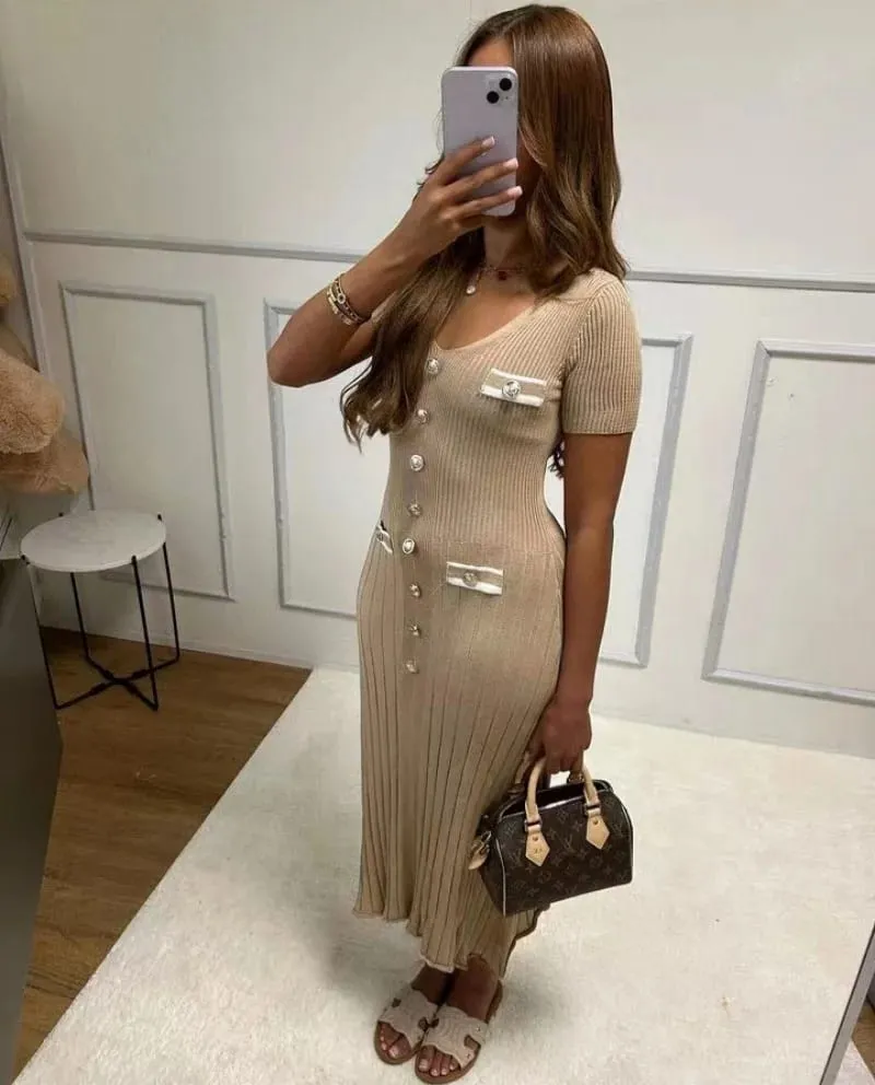 Elegant Knitted Maxi Dresses Bodycon Short Sleeve Ruffles Single Breasted 2025 New Dress Casual Communte Streetwear Vestidos — image 6