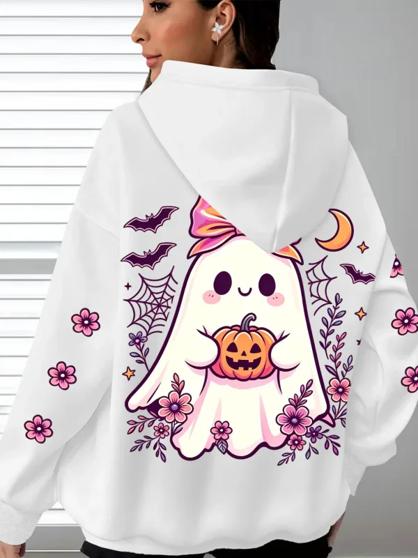 Women's Hooded Cute Ghost Hugging Pumpkin Halloween Theme Printed Hoodie Casual Long Sleeve Pocket Halloween Hoodies — image 12