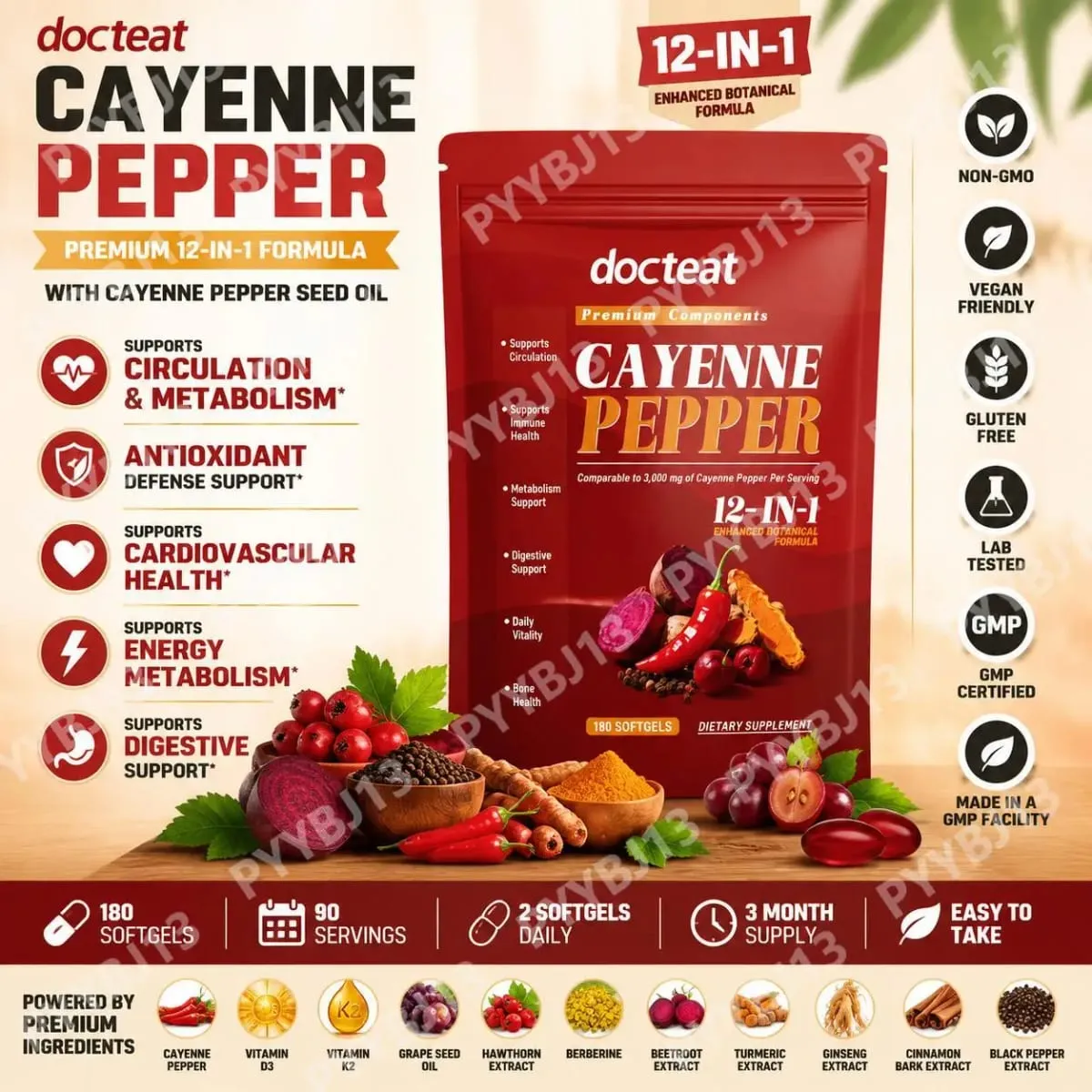 Docteat Cayenne Pepper softgels s vitaminem D3 a K2 pro energetický metabolismus a podporu trávení Antioxidační obrana 180 měkkých gelů — image 1