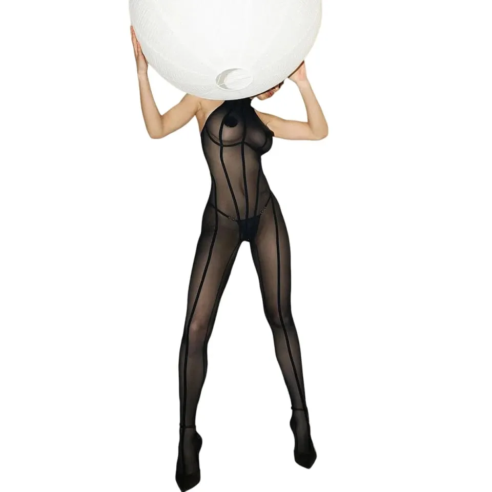 Fashionable slimming vertical stripe 2025 black silk see through sheer slim fit and sexy hanging neck jumpsuit — image 1