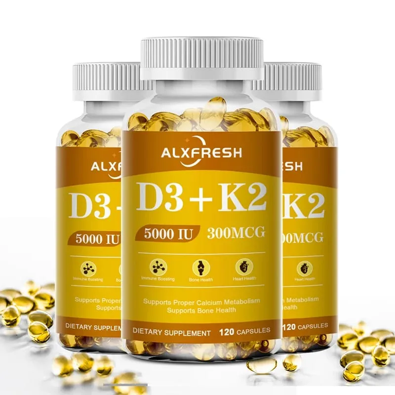 Vitamin D3+K2 5000 IU 300 MCG Vitamins Capsules | Non-GMO Vegan Nutural Gluten-free | Health Supplement