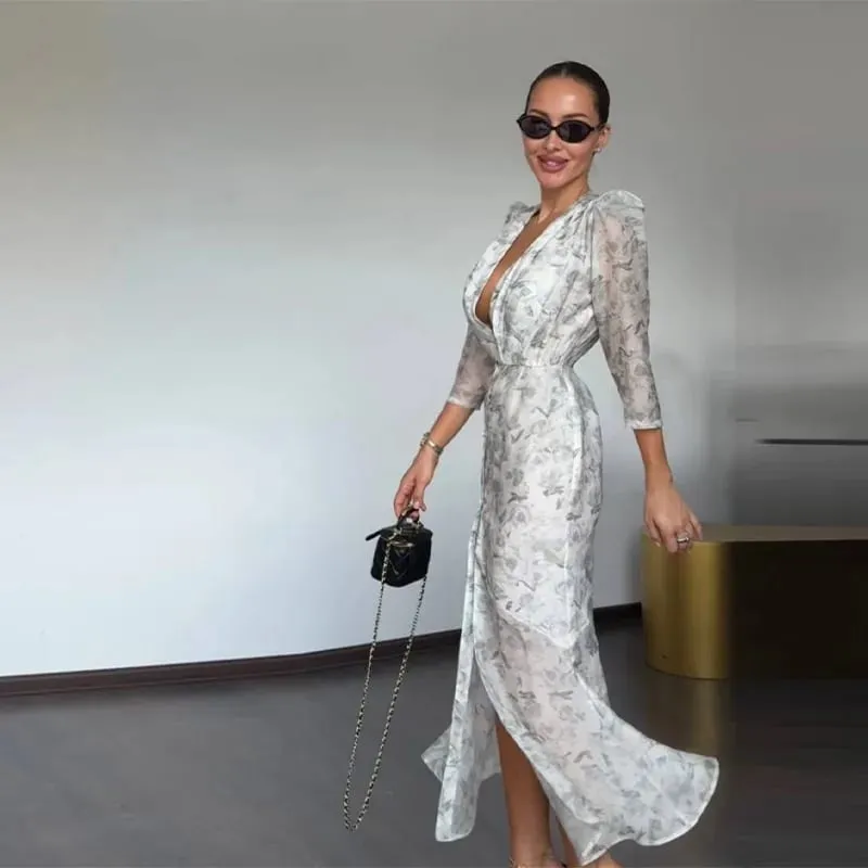พิมพ์ลายดอกไม้ด้านข้างแยกVคอมินิเดรสSlim Fitwaist Cinchingพัฟแขน 2026 ฤดูร้อนElegant Women PartyหวานVestidos — image 10