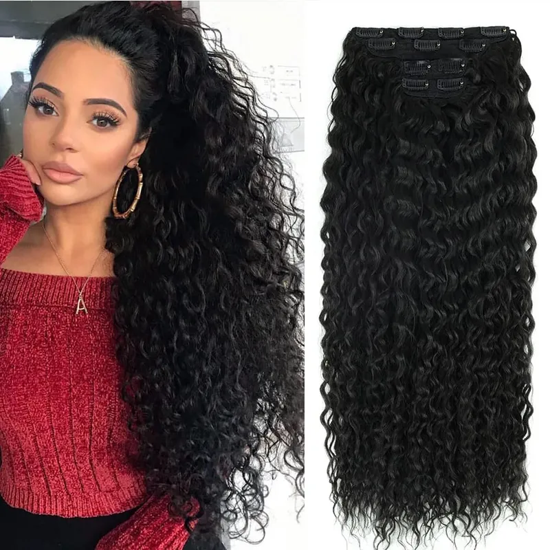 Synthetic Clip In Fitting Extension Full Head Long Kinky Curly Wig Fake False Hair Pieces Clip-on Black Brown Hairpin For Women — image 2