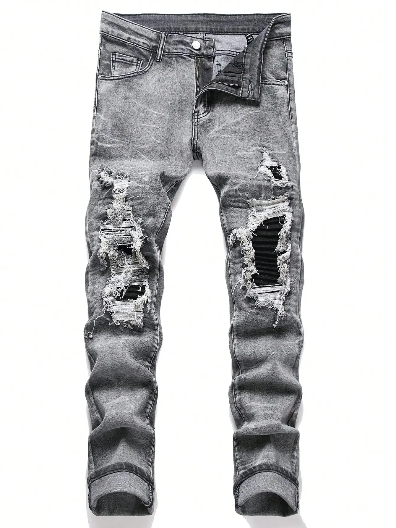Men‘s Stretchy Denim Jeans Streetwear Tearing Patchwork Holes Ripped Denim Elastic Waist Casual Pants Slim fit Straight Trousers — image 9