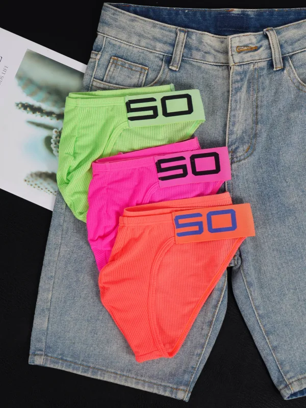 Calzoncillos transpirables de malla de mezcla de nailon para hombre, ropa interior Sexy de Color fluorescente con letras de empalme de cuerno en relieve, cinturilla elástica ancha — image 5