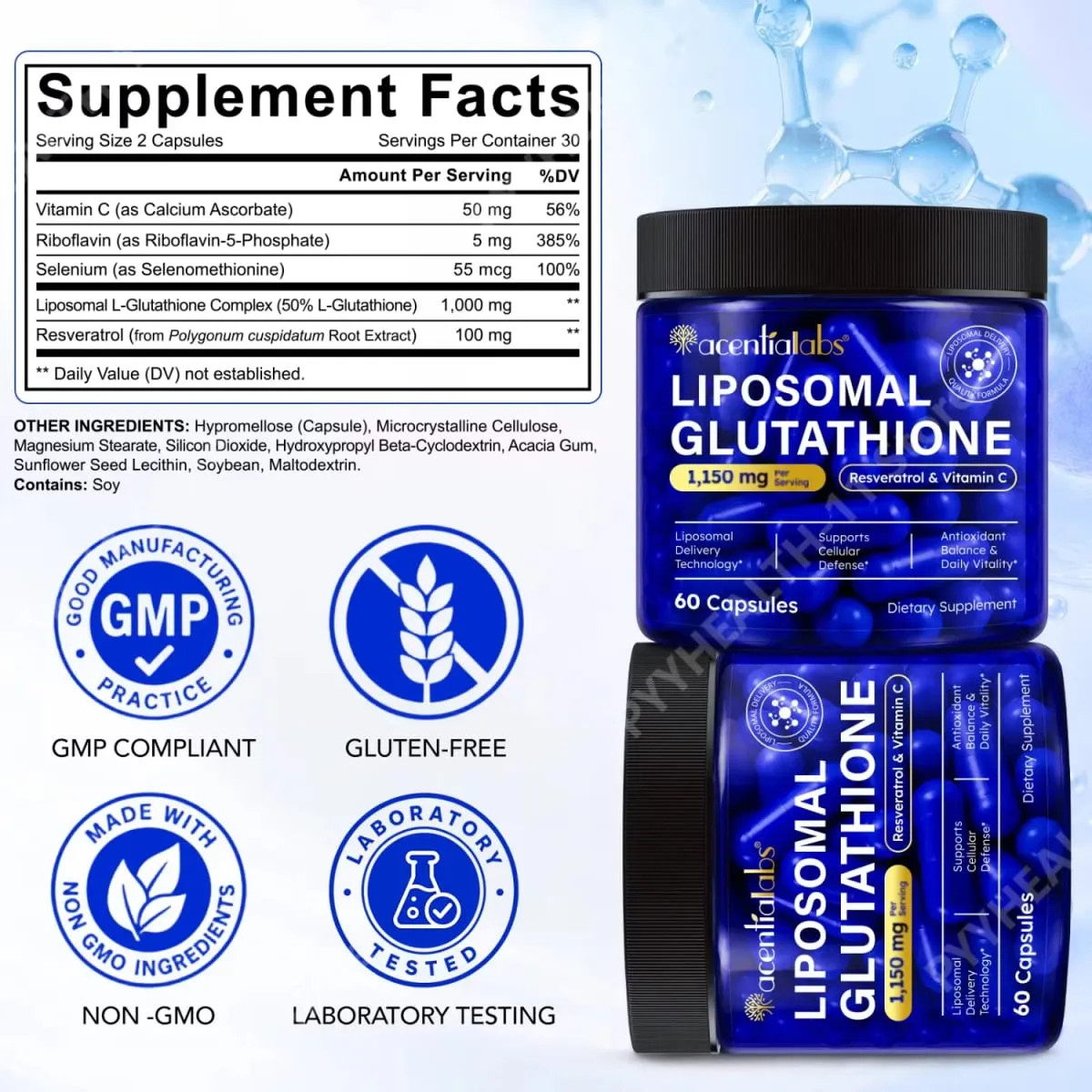 Liposomal glutathionkapsler med resveratrol vitamin C til antioxidantforsvar Immun- og cellestøtte 60 kapsler — image 5