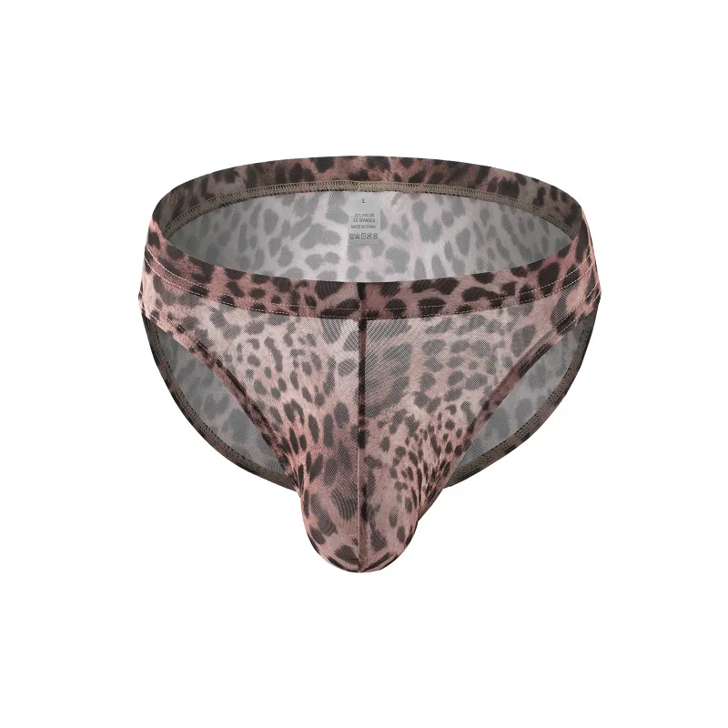 Men Sexy Briefs Underwear Mesh Sheer Ultra-Thin Underpants Big Penis Pouch See Through Panties Leopard Bikini
