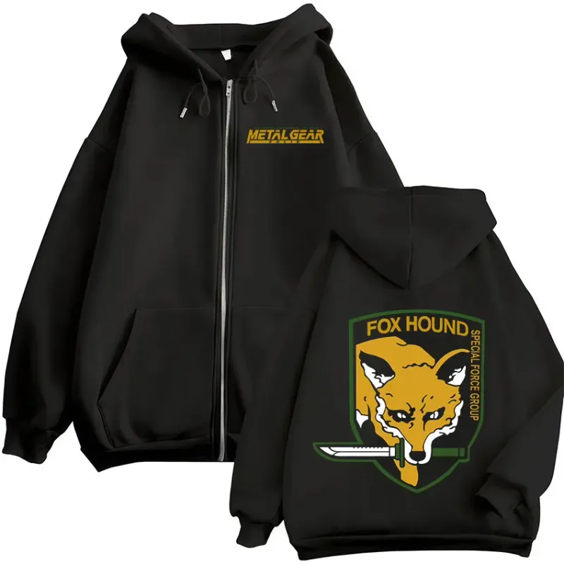 Metal Gear Solid Game FOX HOUND nadruk logo bluzy z kapturem na zamek mężczyźni kobiety odzież modne swetry zapinane na zamek bluzy z kapturem kurtki — image 1