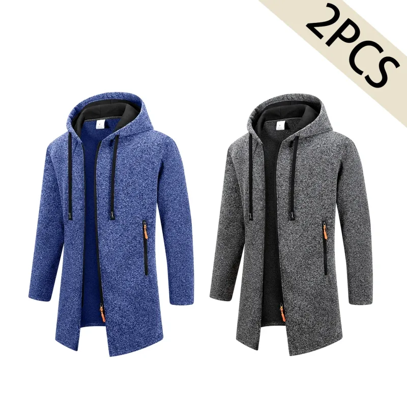 2Pcs Set Men Mid-Length Full Zip Hooded Jacket Fleece Lined Warm Coat with Drawstring Hood & Zipper Pockets Casual Outerwear for Fall Winter Daily Wear