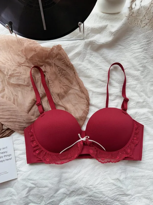 Kırmızı Yarım Fincan Dantel Sutyen Seti Küçük Sandıklar için Ayarlanabilir Destek Anti-Sarkma Push Up Seksi iç çamaşırı seti Kadın Doğum Günü Hediyesi — image 11