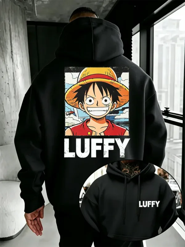 Felpa con cappuccio anime One Piece, felpa pullover ampia con stampa sul davanti e sul retro del personaggio dei cartoni animati di Rufy vintage per gli appassionati di manga