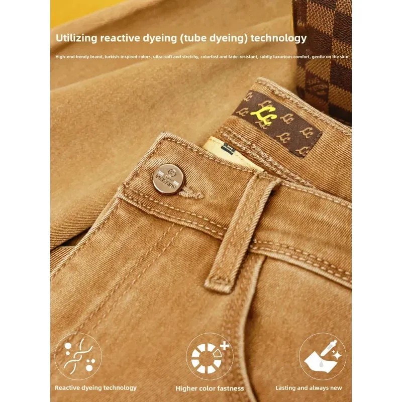 Autumn fashion light luxury men's jeans khaki small feet elastic coffee casual pants — image 3