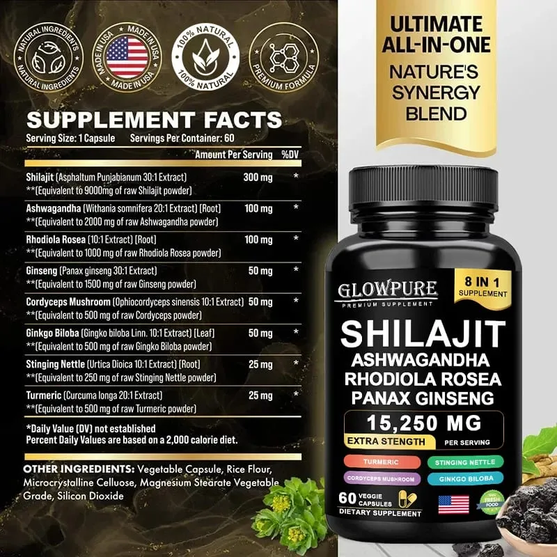 Shilajit Original Himalaya Supplements - 8 in 1 with Ginseng Ashwagandha for Brain Memory Concentration Energy Immune Health