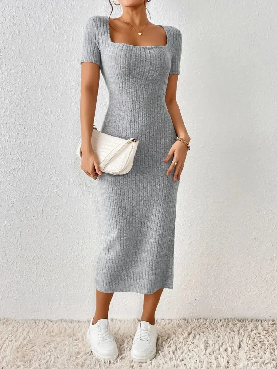 Women Spring Summer Style Knitted Dress Lady Casual Short Sleeve Square Collar Side Slit Dress Vestidos — image 3