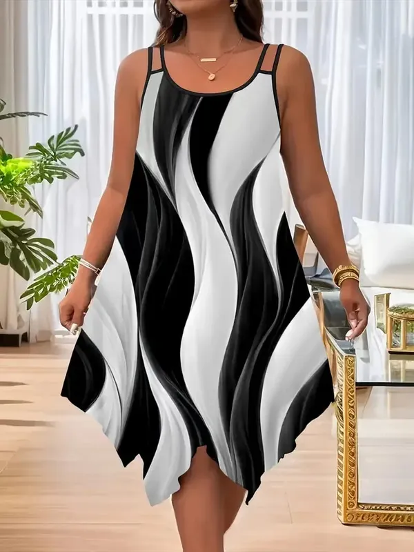 Plus-size women's fashion asymmetrical geometric stripes printed double strap dress — image 9