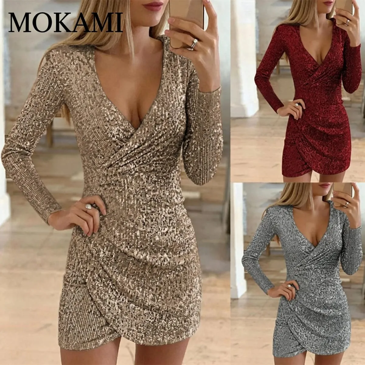 เซ็กซี่VคอBodyconมินิเดรสไม่สมมาตรHemและSequinsสำหรับผู้หญิงฤดูใบไม้ร่วงแฟชั่นยุโรปและสไตล์อเมริก... — image 2