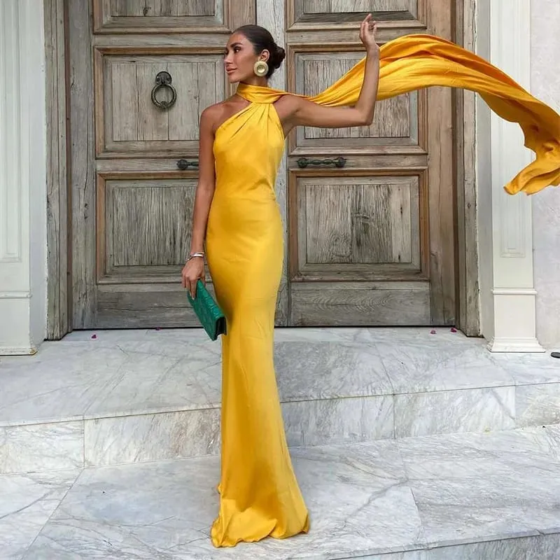 Ribbon Hanging Neck Long Dresses Women Printed Sleeveless Backless Slim High Waist Halter Party Dress 2025 New Hip Package Robe