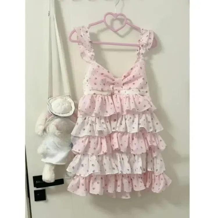 Sweet Japanese Style Tiered Sleeveless Dress with Polka Dots Cute Mini Cake Dress Summer Casual Feminine Outfit for Women New