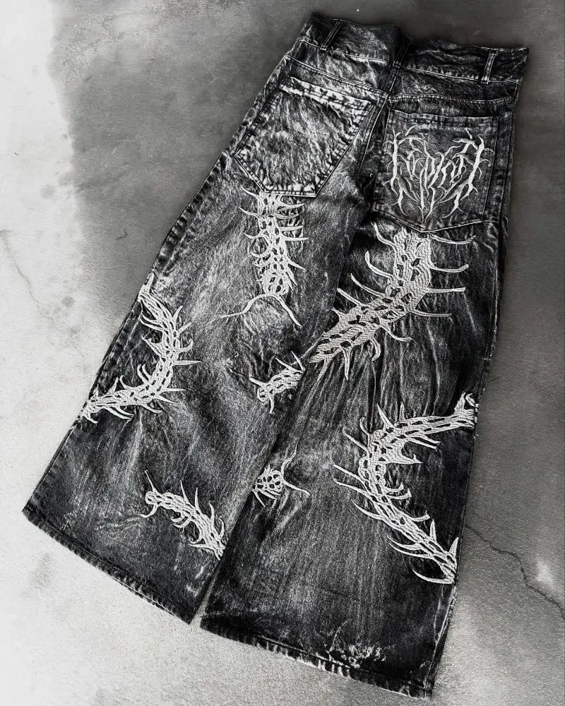 90s Gothic Centipede Embroidery Washed Oversized Wide-Leg Pants Jeans Men Y2K New Harajuku Punk Hip-Hop Rock Couple Street Wear — image 5