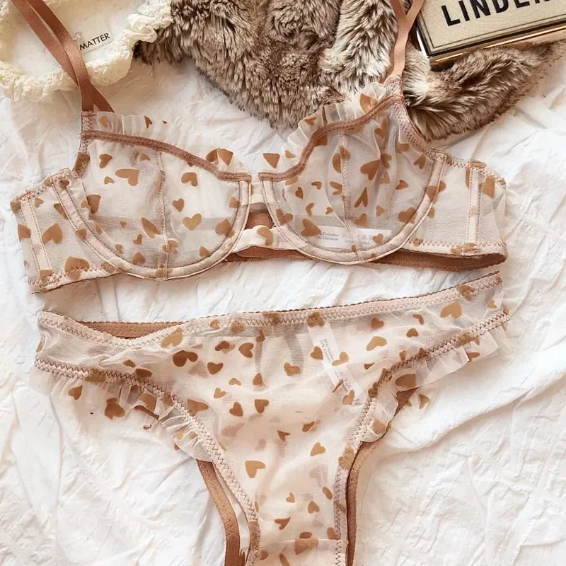 2 Pieces Lingerie Set Sexy Ultra Thin Breathable Brassiere for Women Push Up Bra Set Summer Mesh Romantic Peach Heart Intimates — image 14