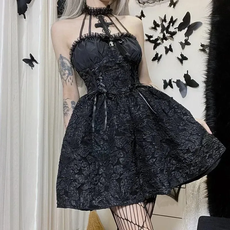Mall Gothic Emo Jacquard A-line Dresses Goth dress Elegant Grunge Ruched Bandage Partywear Punk Black Women Halloween Club Dress — image 3