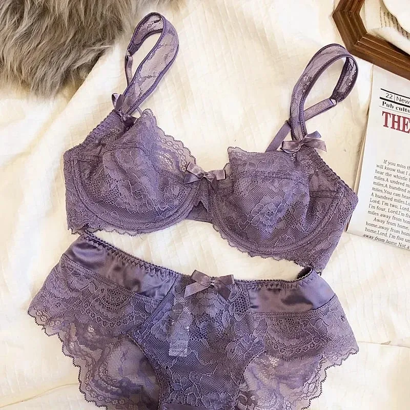French Romantic Ultra-thin Lace Sexy Transparent Gathering Big Breasts Show Small Underwire Bra Cover Underwear Set Women — image 4
