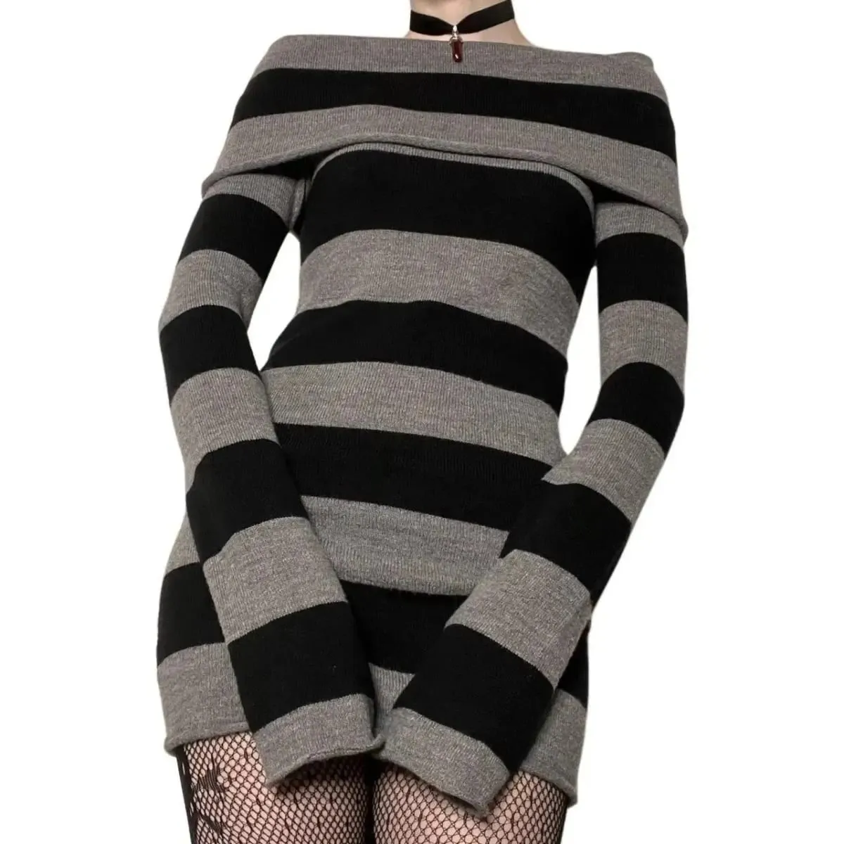Women Striped Mini Bodycon Dress Stripe Boat-Neck Off Shoulder Long Sleeve Short Dress Spring Autumn Wrapped Hip Party Dress — image 4